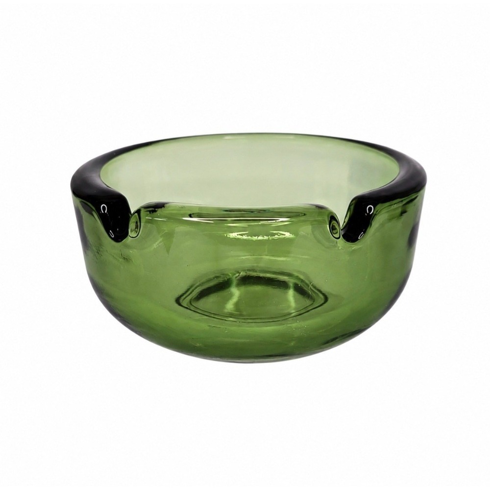 Vintage Clear Avocado Green 3 5/8" Small Round Thick Glass Ashtray Olive Green